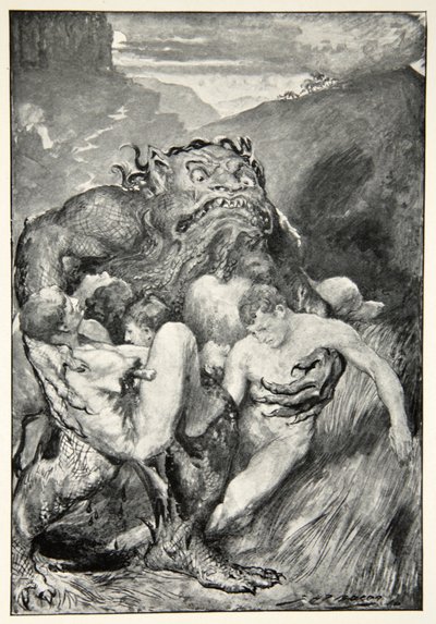 Ondskapens Daemon, med sin voldsomme raving, grep dem grådig, fra "Hero Myths and Legends of the British Race" av M.I. Ebbutt, 1910 av John Henry Frederick Bacon