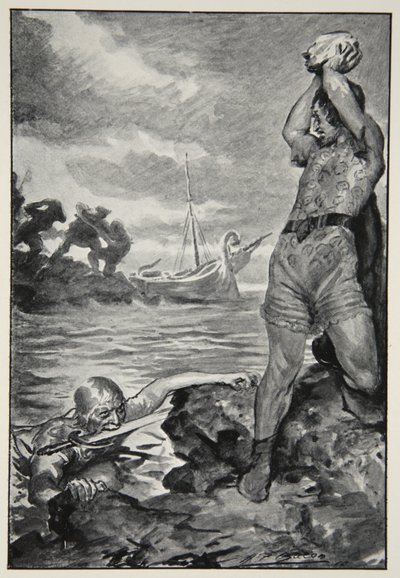 Thorbion løftet den enorme steinen, fra 'Hero Myths and Legends of the British Race' av MI Ebbutt, 1910 av John Henry Frederick Bacon