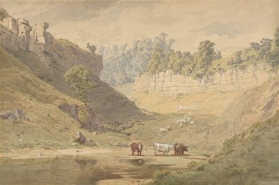 Storfe ved et vannhull i en dal, 1830-86. av John Henry Mole