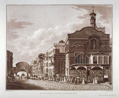 Fleet Street fra St Dunstan i vest til Temple Bar, City of London, 1802 av John Hickin