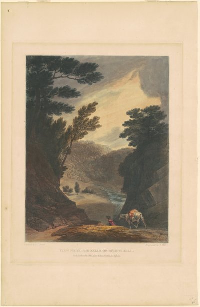 Utsikt nær fossen Schuylkill av John Hill, after Joshua Shaw