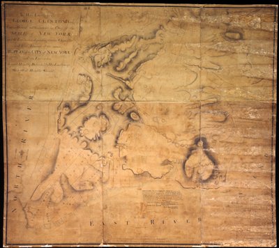 Til hans eksellens George Clinton, Esq. . . .Denne planen for byen New York og omegn. . ., 1785 (svart og farget blekk, svart blyant og fargevask på papir bakket med klut) av John Hills