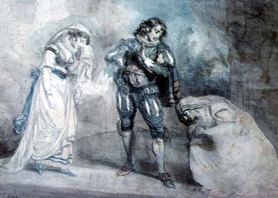 Pierre du Terrail, Chevalier de Bayard (1476-1524) med enken og datteren hennes av John Hodges Benwell