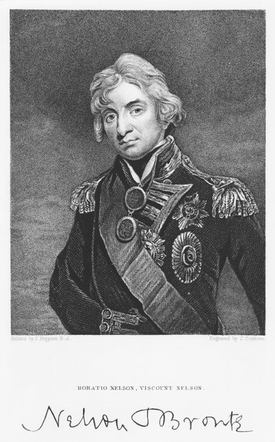 Portrett av admiral Horatio Nelson med hans signatur, gravert av John Cochran (fl.1821-65) av John Hoppner