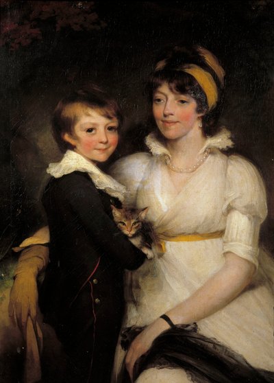 Ung kvinne og liten gutt holder et kattemaleri av John Hoppner (1758-1810) av John Hoppner