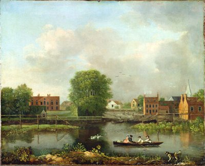 Et elvelandskap, muligens en utsikt fra West End av Rochester Bridge, 1800-10 av John Inigo Richards