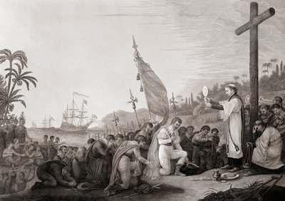 Columbus lander i den nye verden (gravering) av John James (after) Barralet