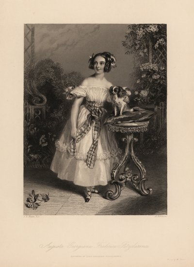 Augusta Georgina Frederica Fitzclarence, datter av Lord Frederic Fitzclarence, uekte sønn av kong William IV. Hun bærer håret i ringlets og bånd, og bærer en off-the-skulder kjole bundet med en sash, holder en King Charles spaniel på en pute av John James (after) Chalon