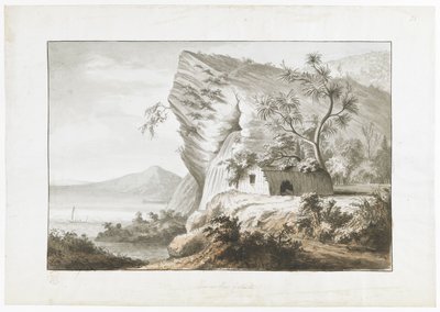 Kystutsikt i New Zealand, med innfødt hytte og en seilkano i bukten, fra 