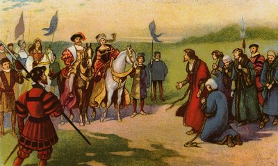 Kong Henry VIII og Catherine Howard ankom York etter Pilgrimage of Grace 1541 (chromolitho) av John Jellicoe