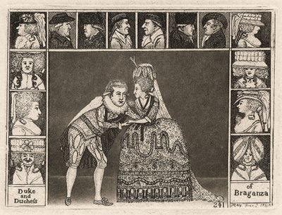 Mary Ann Yates og Laurence Clinch spiller hertugen og hertuginnen av Braganza i Braganza omgitt av publikum. 1785 av John Kay