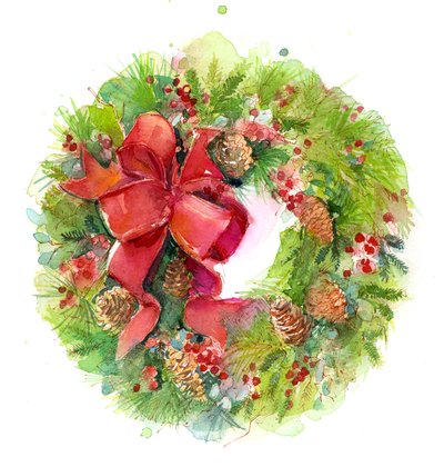 Julekrans med rød sløyfe, 2016, (akvarell) av John Keeling