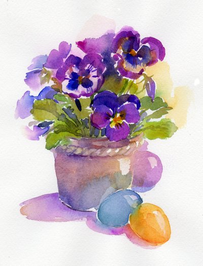 Stemorblomster med påskeegg, 2014, (akvarell) av John Keeling