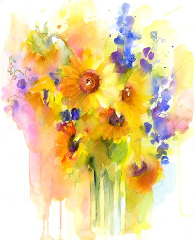 Solsikker og delphinium, 2016, (akvarell) av John Keeling