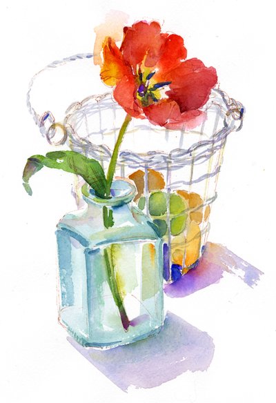 Tulipan med eggekurv, 2014, (akvarell) av John Keeling