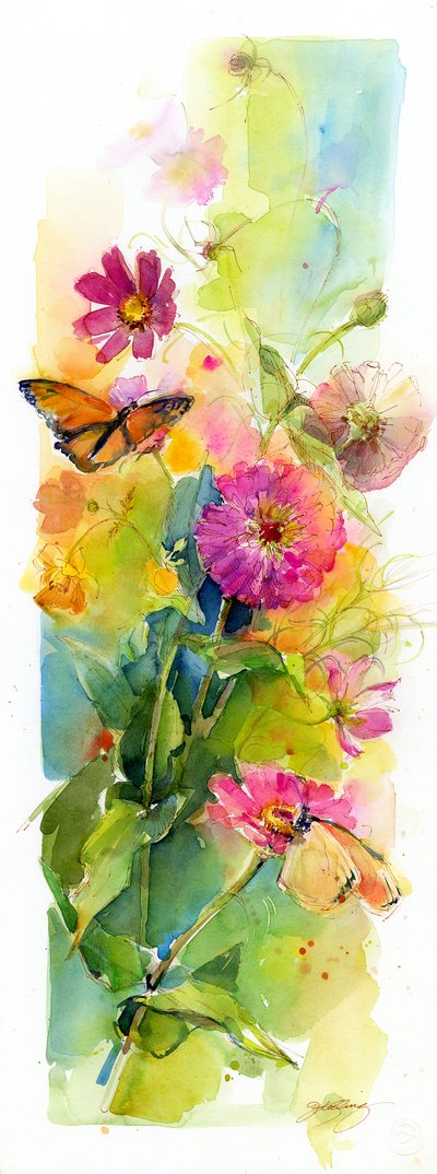 Zinnias og sommerfugler, 2015, (akvarell) av John Keeling