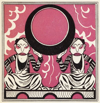 Utsmykning for historien om Aladdin og den fantastiske lampen (litho i farge) av John Kettelwell
