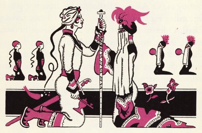 Utsmykning for historien om Aladdin og den fantastiske lampen (litho i farge) av John Kettelwell