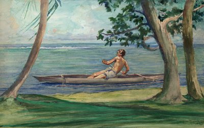 Gutt i kano som passerer foran huset vårt, Vaiala, Samoa av John La Farge