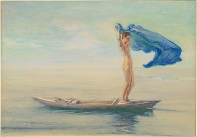 Jente i baugen av kano som sprer ut sin lendeduk for et seil, Samoa av John La Farge