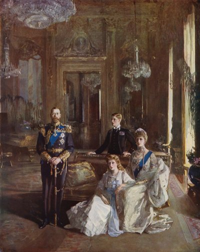 Kong George V, dronning Mary, prinsen av Wales og prinsesse Mary i White Drawing Room, Buckingham Palace, London, 1913 av John Lavery