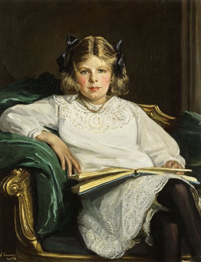 Portrett av Betty, sittende i trekvart lengde og leser en bok av John Lavery