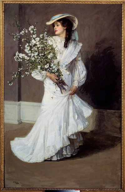 Vår. Allegori om våren: portrett av en kvinne kledd i hvitt med en bukett blomster. Maleri av Sir John Lavery (1856-1941) av John Lavery
