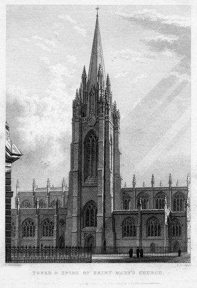 Tårnet og spiret til Saint Marys Church, Oxford, 1833. av John Le Keux