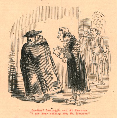 Kardinal Campeggio og Mr. Sampson. Jeg kan ikke høre noe nå, Mr. Sampson., 1897. av John Leech