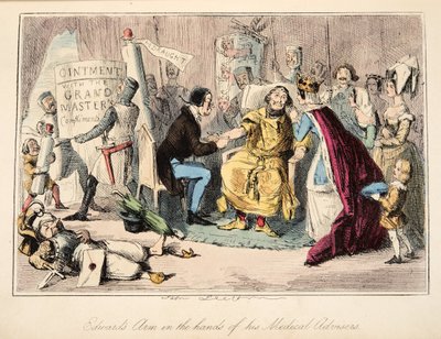 Edward's Arm in the Hands of his Medical Advisers, fra The Comic History of England, pub. 1864 (håndfarget etsning) av John Leech