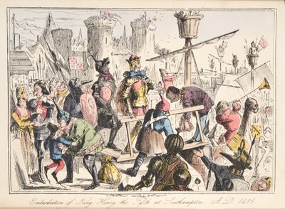 Ombordstigning av Henry V. i Southampton, 1415 e.Kr., fra The Comic History of England, pub. 1864 (håndfarget etsning) av John Leech
