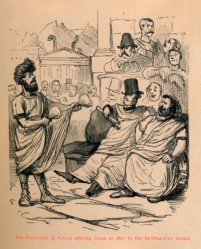 Hans eksellens Q Fabius tilbyr fred eller krig til det karthagiske senatet, 1852 av John Leech