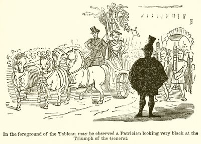 I forgrunnen av tablået kan man observere en patricier som ser veldig svart ut på generalens triumf av John Leech