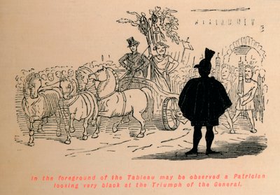 I forgrunnen av tablået kan man observere en patricier som ser veldig svart ut på triumfen av t av John Leech