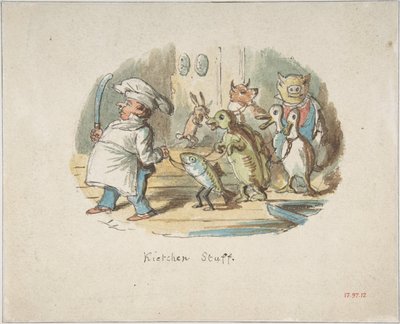 Kjøkkenpersonale (recto); Fjellandskap med turgåer (verso) av John Leech