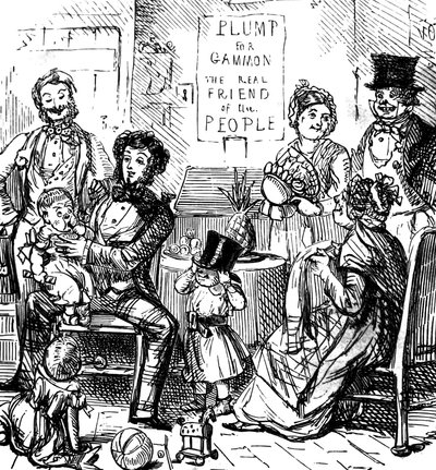 Medlemmer av en førsteklasses familie tilbringer tid sammen i en butikk av John Leech