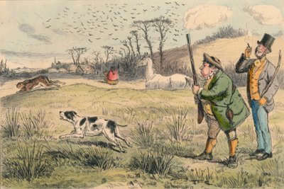 Mr. Jogglebury Crowdey med hunden sin og pistolen sin, ca 1860-tallet. av John Leech