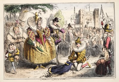 Dronning Elizabeth og Sir Walter Raleigh, fra The Comic History of England, pub. 1864 (håndfarget etsning) av John Leech
