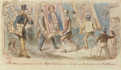 Mottak av bilder ved Royal Academy - Arrival of the Portrait of a Gentleman, 1846 (penn og blekk og wc) av John Leech