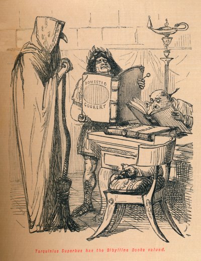 Tarquinius Superbus har Sibylline-bøkene verdsatt, 1852 av John Leech