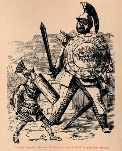 Fantastisk kamp mellom T Manlius og en galler med gigantisk størrelse, 1852 av John Leech