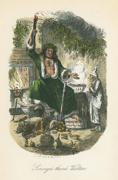 The Ghost of Christmas Present vises for Scrooge. Illustrasjon av John Leech (1817-64) for Charles Dickens A Christmas Carol, London 1843-1834. av John Leech