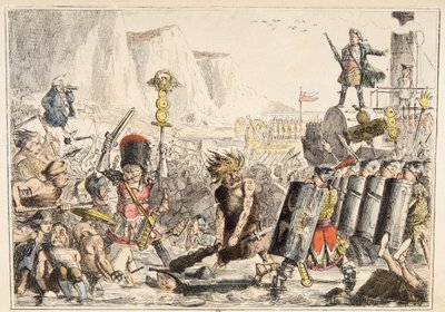 The Landing of Julius Caesar fra The Comic History of England, pub. 1864 (håndfarget etsning) av John Leech