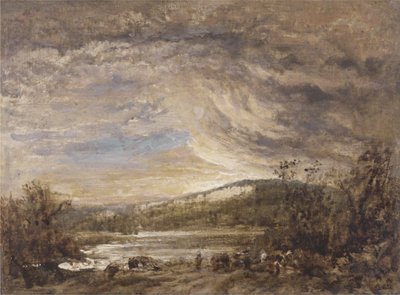 Et elvelandskap, solnedgang (olje på panel) av John Linnell