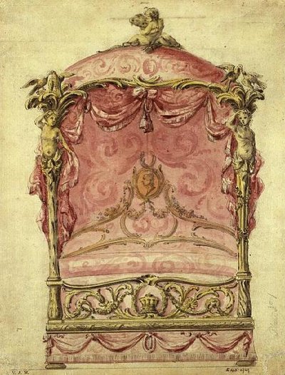 Engelsk design for en stor seng, ca. 1760 av John Linnell