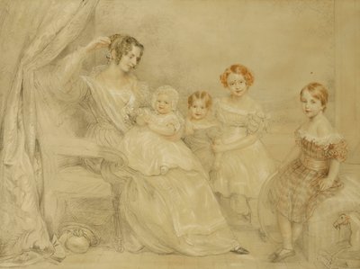 Portrett av fru W.S. Fry og hennes fire barn: Emma, Willy, Julie og Georgina, sittende i et interiør, 1840 av John Linnell