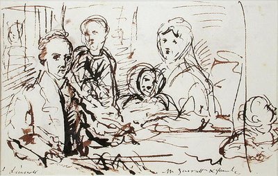 William Albin Garratt og familie, ca. 1830 (penn og blekk på papir) av John Linnell