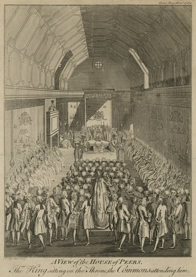En utsikt over House of Peers med kongen sittende på tronen, underhuset tilstede ham av John Lodge