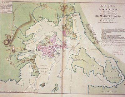 Plan for Boston og omegn som viser posisjonen til de britiske styrkene og de amerikanske opprørsstyrkene, tegnet oktober 1775, trykt i 'The North American Atlas' av John Lodge