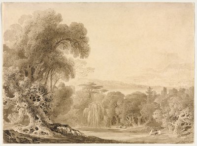 Figurer som sitter ved en innsjø i et skogslandskap av John Martin